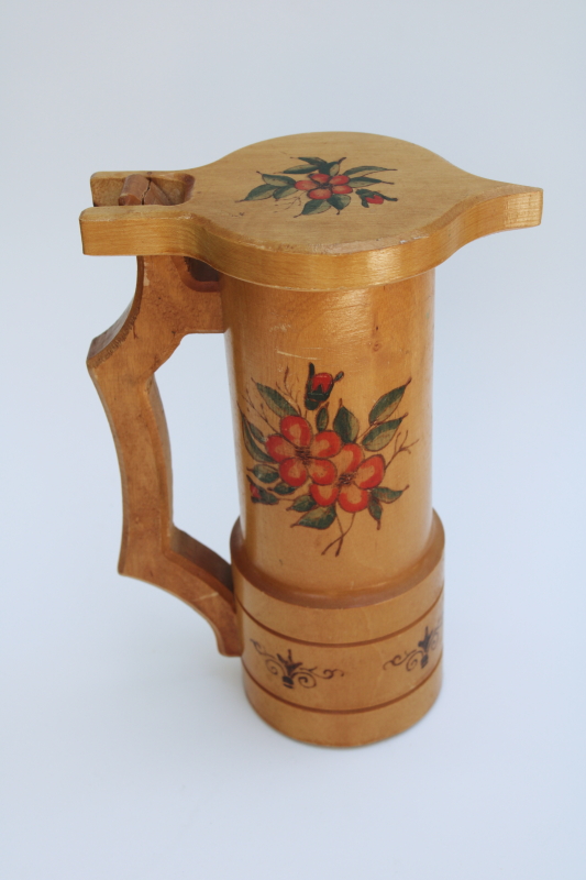 photo of Oktoberfest decor, rustic vintage hand painted carved wood decorative beer stein hinged lid #1