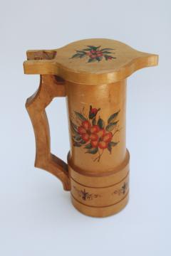 Oktoberfest decor, rustic vintage hand painted carved wood decorative beer stein hinged lid