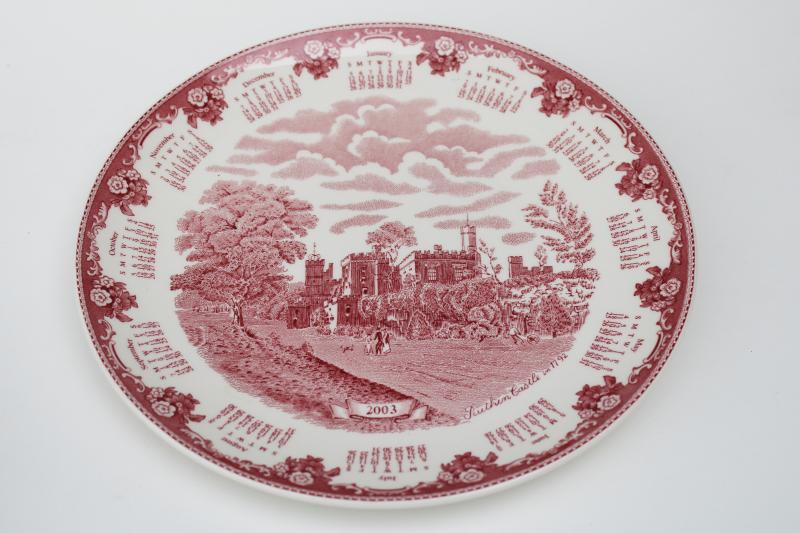 photo of Old Britain Castles Johnson Bros red pink transferware Ruthin Castle calendar plate #1