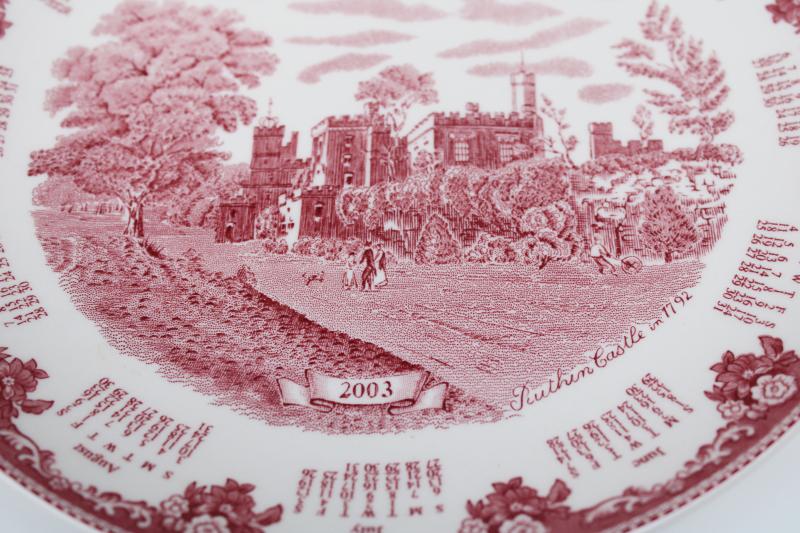 photo of Old Britain Castles Johnson Bros red pink transferware Ruthin Castle calendar plate #2