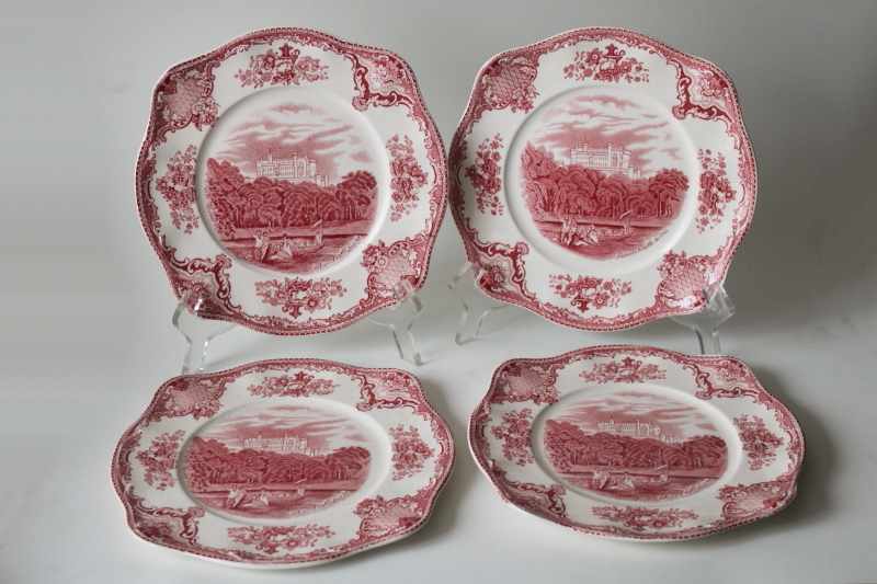 photo of Old Britain Castles vintage Johnson Bros red pink transferware china plates, square salad plates set  #1