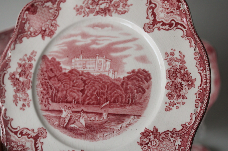 photo of Old Britain Castles vintage Johnson Bros red pink transferware china plates, square salad plates set  #2