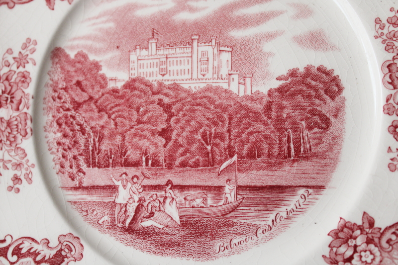 photo of Old Britain Castles vintage Johnson Bros red pink transferware china plates, square salad plates set  #3