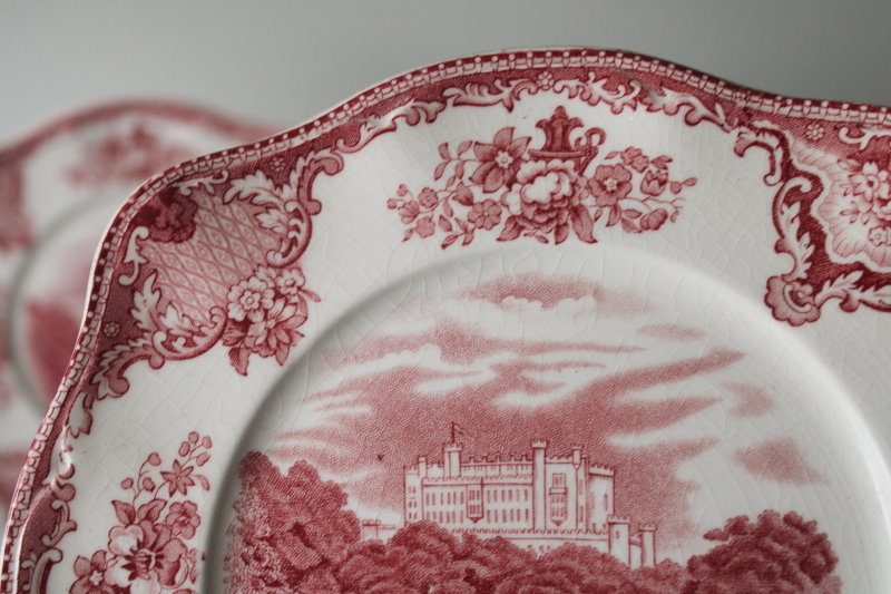 photo of Old Britain Castles vintage Johnson Bros red pink transferware china plates, square salad plates set  #4