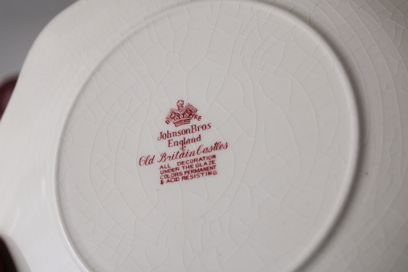 photo of Old Britain Castles vintage Johnson Bros red pink transferware china plates, square salad plates set  #5