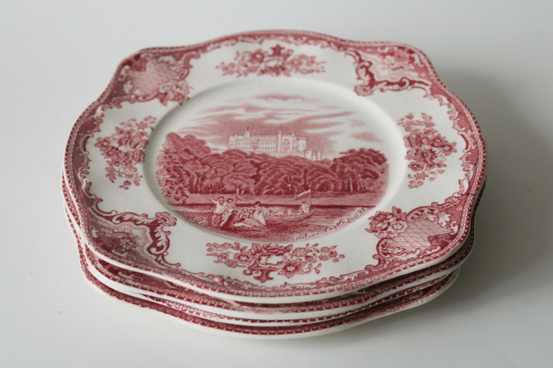 photo of Old Britain Castles vintage Johnson Bros red pink transferware china plates, square salad plates set  #6