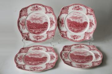 Old Britain Castles vintage Johnson Bros red pink transferware china plates, square salad plates set 