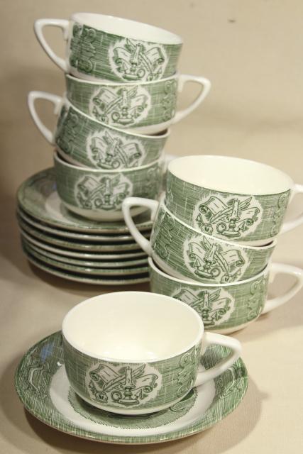 photo of Old Curiosity Shop green transferware, cups & saucers vintage Royal china dinnerware #1