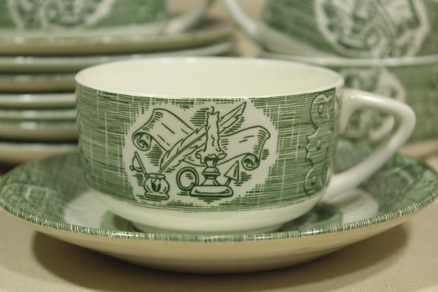 photo of Old Curiosity Shop green transferware, cups & saucers vintage Royal china dinnerware #2