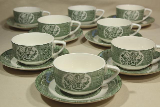 photo of Old Curiosity Shop green transferware, cups & saucers vintage Royal china dinnerware #3