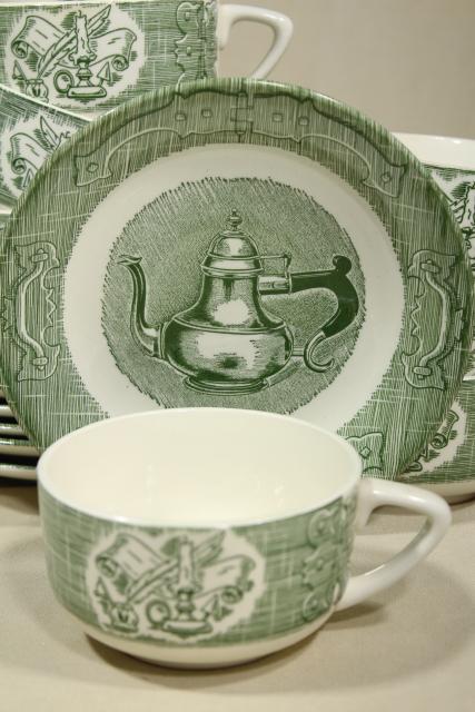 photo of Old Curiosity Shop green transferware, cups & saucers vintage Royal china dinnerware #4