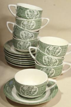 Old Curiosity Shop green transferware, cups & saucers vintage Royal china dinnerware