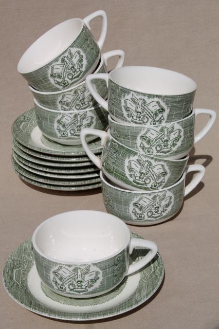 photo of Old Curiosity Shop pattern china, vintage Royal green transferware cups & saucers #1