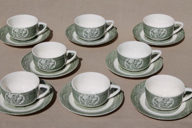 photo of Old Curiosity Shop pattern china, vintage Royal green transferware cups & saucers #2