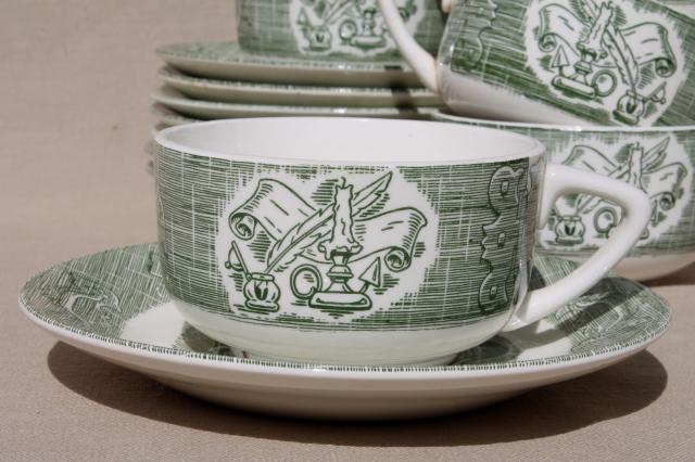 photo of Old Curiosity Shop pattern china, vintage Royal green transferware cups & saucers #3