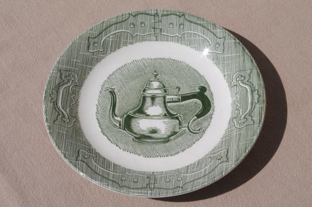 photo of Old Curiosity Shop pattern china, vintage Royal green transferware cups & saucers #5