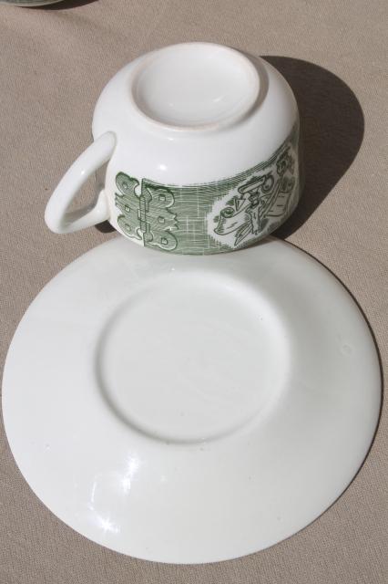 photo of Old Curiosity Shop pattern china, vintage Royal green transferware cups & saucers #6