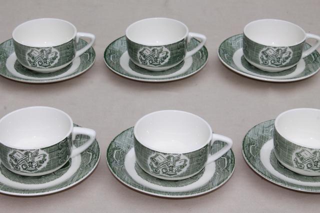 photo of Old Curiosity Shop pattern china, vintage Royal green transferware cups & saucers #1