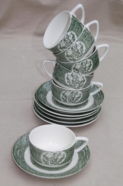 photo of Old Curiosity Shop pattern china, vintage Royal green transferware cups & saucers #2