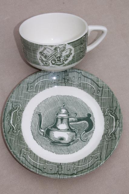 photo of Old Curiosity Shop pattern china, vintage Royal green transferware cups & saucers #4