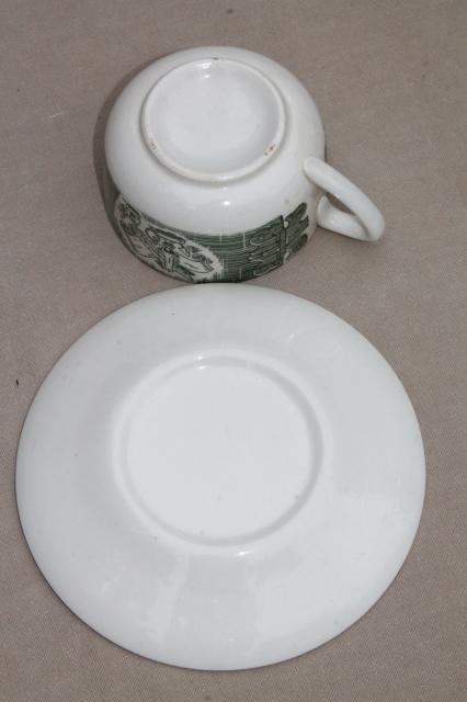 photo of Old Curiosity Shop pattern china, vintage Royal green transferware cups & saucers #5