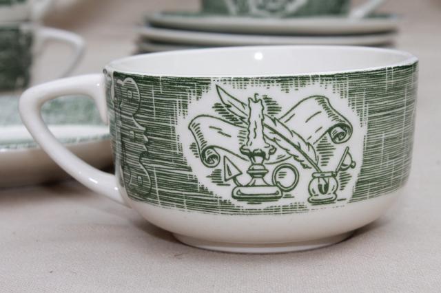 photo of Old Curiosity Shop pattern china, vintage Royal green transferware cups & saucers #6