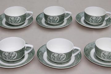 catalog photo of Old Curiosity Shop pattern china, vintage Royal green transferware cups & saucers