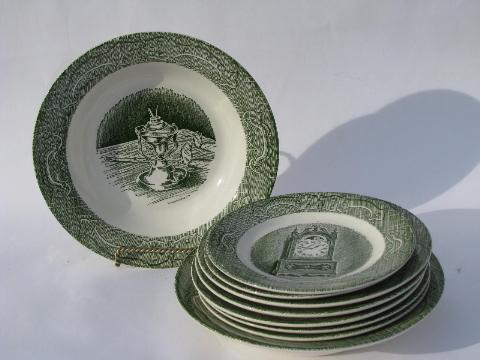 photo of Old Curiosity Shop pattern china, vintage Royal transferware soup bowls, plates #1