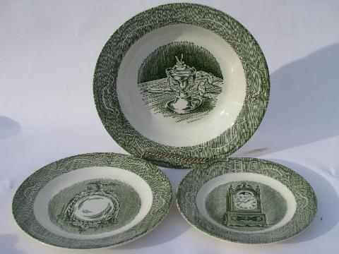 photo of Old Curiosity Shop pattern china, vintage Royal transferware soup bowls, plates #2