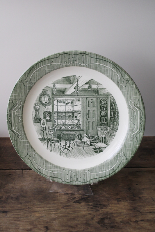 photo of Old Curiosity Shop pattern vintage china chop or cake plate, green transferware #1