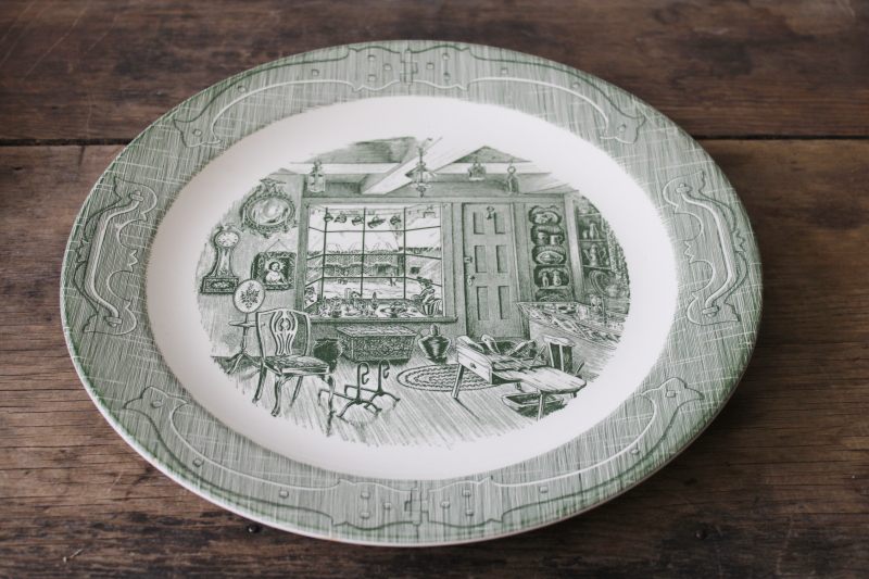 photo of Old Curiosity Shop pattern vintage china chop or cake plate, green transferware #2