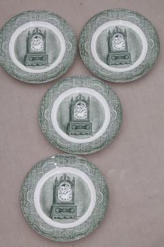 catalog photo of Old Curiosity Shop set of 4 clock print bread plates, vintage Royal china green transferware