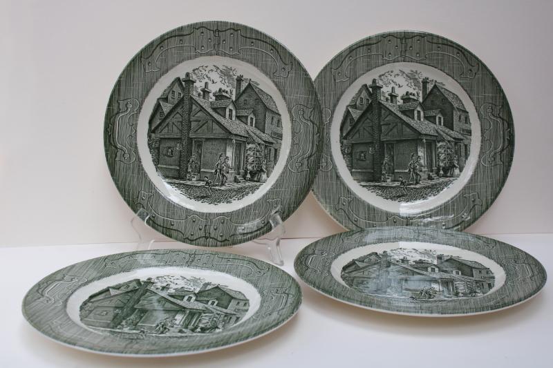 photo of Old Curiosity Shop vintage green transferware Royal china dinner plates set #1