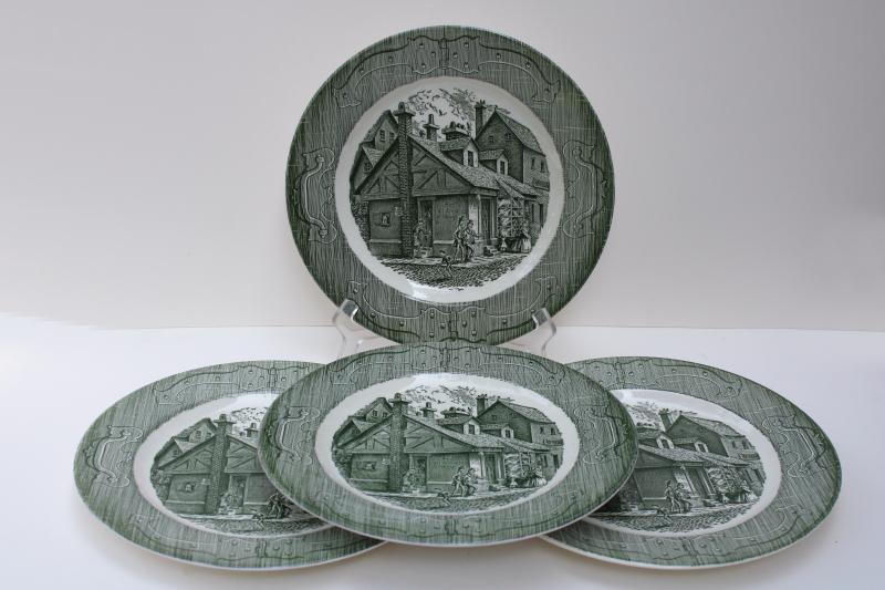 photo of Old Curiosity Shop vintage green transferware Royal china dinner plates set #5