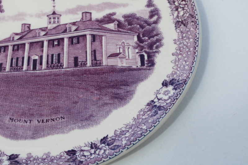 photo of Old English Staffordshire mulberry purple transfer ware china, Mount Vernon scene vintage plates #4