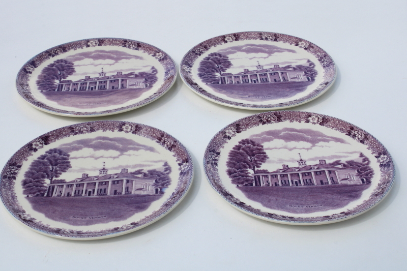 photo of Old English Staffordshire mulberry purple transfer ware china, Mount Vernon scene vintage plates #6