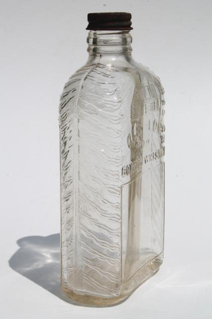 photo of Old Log Cabin Bourbon Whiskey embossed glass bottle, vintage whisky pocket flask  #3