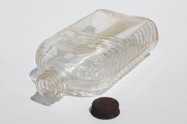 photo of Old Log Cabin Bourbon Whiskey embossed glass bottle, vintage whisky pocket flask  #5