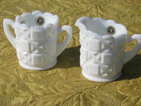 photo of Old Quilt pattern milk glass cream & sugar set, vintage Westmoreland #1