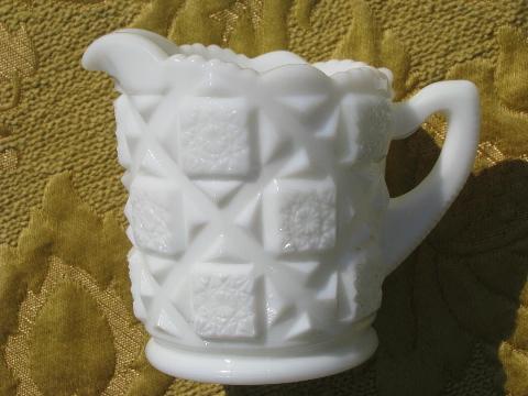 photo of Old Quilt pattern milk glass cream & sugar set, vintage Westmoreland #2