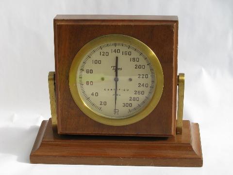 photo of Old Tycos brass & mahogany desk barometer, vintage weather instrument #1