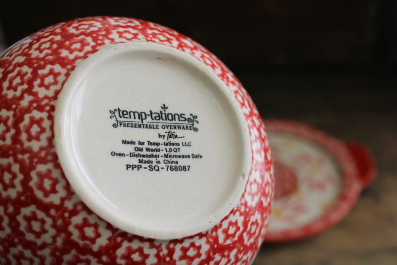 photo of Old World red Temp Tations stoneware sauce bowl & plate, hand painted Polish pottery style  #4