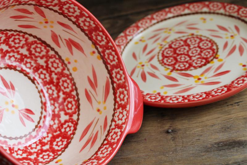 photo of Old World red Temp Tations stoneware sauce bowl & plate, hand painted Polish pottery style  #5