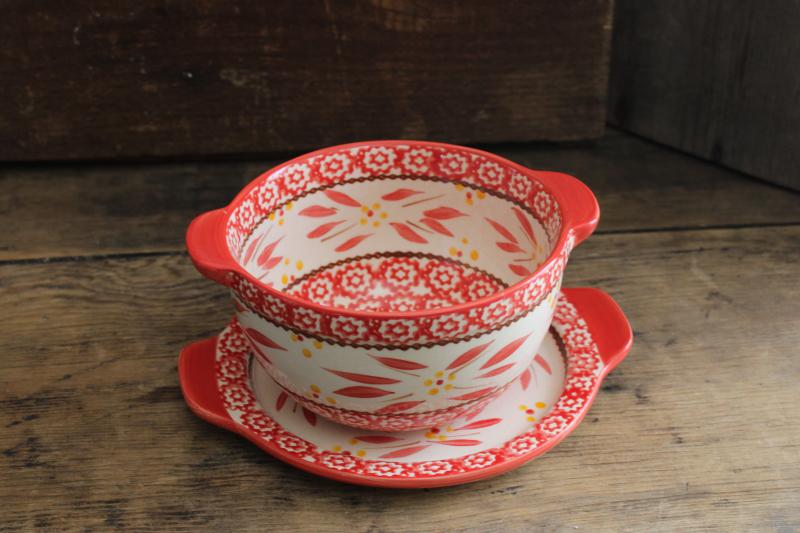 photo of Old World red Temp Tations stoneware sauce bowl & plate, hand painted Polish pottery style  #6