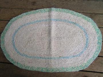 catalog photo of Old crocheted cotton rag rug, aqua with white