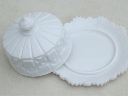 photo of Old quilt Westmoreland milk glass cheese plate or round covered butter dish #2