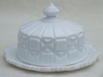 catalog photo of Old quilt Westmoreland milk glass cheese plate or round covered butter dish