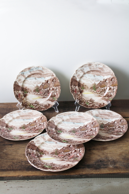 photo of Olde English Countryside Johnson Bros salad plates, multicolored transferware china #1