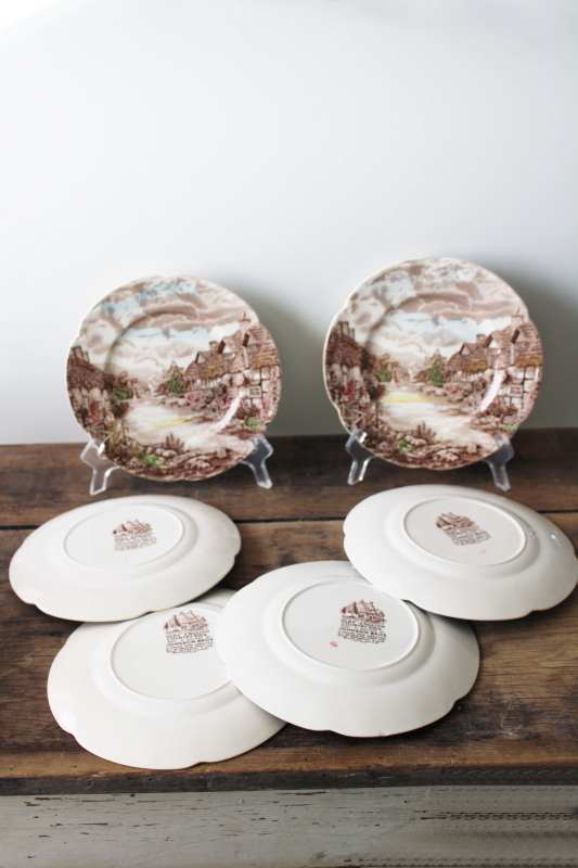 photo of Olde English Countryside Johnson Bros salad plates, multicolored transferware china #5