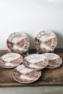 catalog photo of Olde English Countryside Johnson Bros salad plates, multicolored transferware china